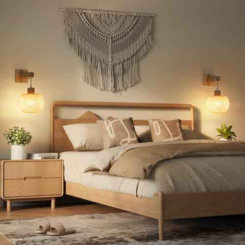 Battery Operated Wall Sconce with Remote Set of 2, Rechargeable Rattan Wall Sconces with 8000mAh Bulbs, Woven Bamboo Wall Light/Lamp Boho Wall Sconce for Bedroom