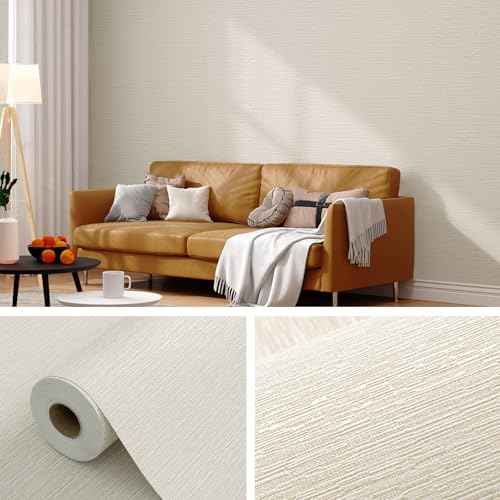 Grasscloth Peel and Stick Wallpaper 20.8"x394" Cream Thick Fabric Textured Linen Classic Faux Grassweave Neutral Removable Wallpaper Vinyl Film Roll for Home Use