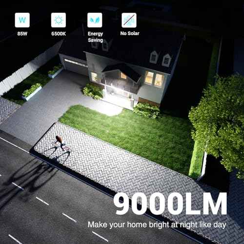 85W 9000LM LED Motion Sensor Outdoor Lights, 6500K Security Lights with Night Light, Dusk to Dawn, IP65 Waterproof, 4 Head Flood Light Motion Detected for Outside, Garage, Yard, Porch