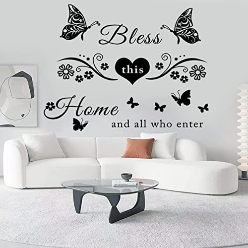 Vinyl Wall Stickers Quotes Art Decal Sticker Bless This Home and All Who Enter Wall Decals Flowers Butterfly Wall Decor Sticker for Entryway Living Room Home Decor