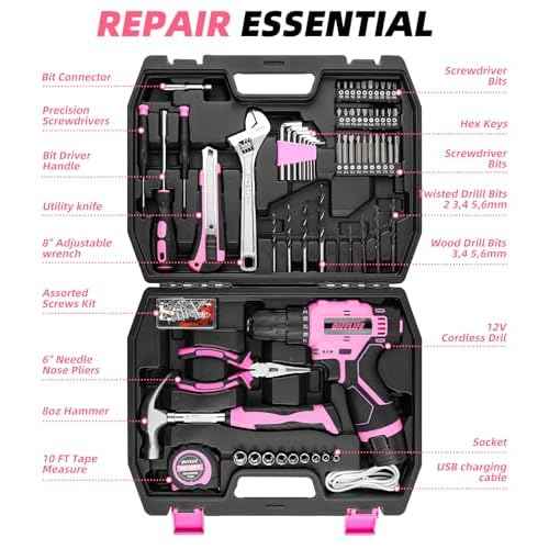 147 Piece Pink Power Drill Drivers Tool Set with 12V Cordless Drill, Professional Household Home Tools Kit Set, DIY Pink Electric Drill Cordless Hand Tool Box for Women