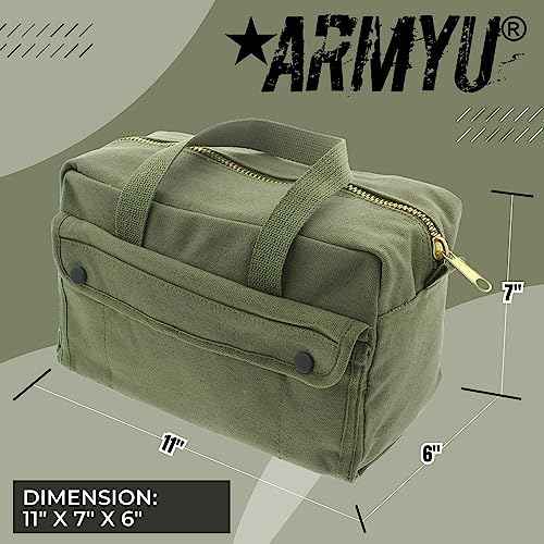 ARMYU Heavy Duty Small Tool Bag Tactical Cotton Canvas Mechanics Bag, 11" x 7" x 6", Olive - Brass Zipper
