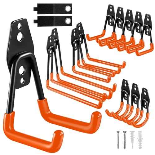 Garage Hooks, 12 Pack Wall Hooks for Hanging Heavy Duty Ladders, Bikes, Tools Ideal for Garage, Garden, Basement Utility Room Storage (Orange)