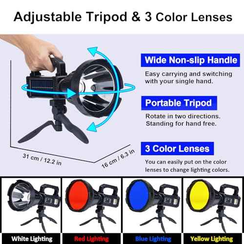Rechargeable Handheld Spotlight, 3,000,000L Super Bright LED Solar & Battery Powered Spot Light with 6 Modes, 3 Color Lenses, COB Side Light, USB C, Waterproof for Outdoor Emergency Hunting