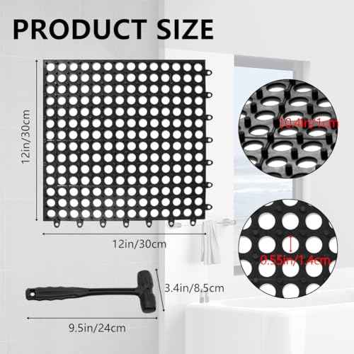 30 Pack Drainage Interlocking Tiles, 12¡±x12¡± Modular Interlocking Floor Tiles with 1 Pc Plastic Hammer Non Slip Rubber Floor mat with Holes for Pool Bathroom Deck Kitchen Patio