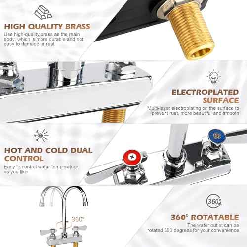 Commercial Bar Sink Faucet 4 Inch Center Deck Mount, 5-1/2" Gooseneck Swivel Spout Hand Sink Faucet with Ceramic Valve, 2 Hole Brass Constructed & Chrome Polished with Dual Lever Handles