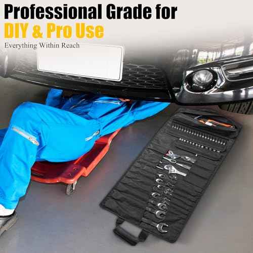 Tool Bag,Large Roll-Up Tool Bag Organizer with 28 Pocket Organizer, 34 Socket Slots, Heavy Duty Portable Tool Storage Carrier Bag for Men,Mechanic,Electrician & Hobbyist,Black