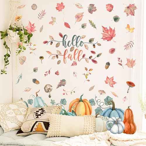 Fall Wall Decals Fall Nuts Pumpkin Maple Wall Stickers Removable Autumn Peel and Stick Sticker Fall Vinyl DIY Wall Art Decals Autumn Party Supplies Home Window Decor