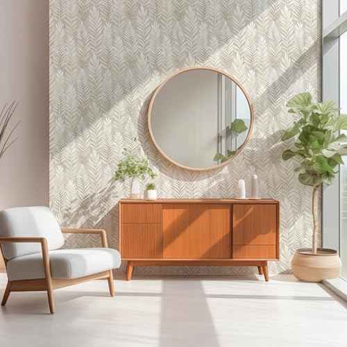 Beige Leaf Peel and Stick Wallpaper Boho 17.32" X 118.11" Modern Leaves Contact Paper Self Adhesive Removable DIY Wall Paper for Bedroom Kitchen Leaf Wallpaper Vinyl Roll