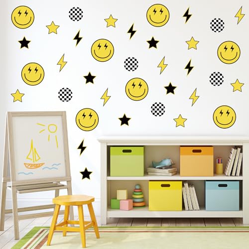 Whaline 12 Sheets One Happy Dude Wall Stickers Black Yellow Smile Face Lightning Star Checkered Dot Wall Decals Preppy Room Mural Stickers for Party Home, 7.9 x 11.8 Inch