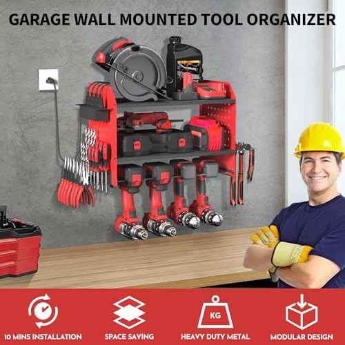Lisgicabin Power Tool Organizer Wall Mount, 3-Layer Charging Station with 4 Outlets, Heavy Duty Drill Storage Rack with 4 Drill Holders & Drill Bit Rack, Efficient Storage for Garage & Workshop (Red)