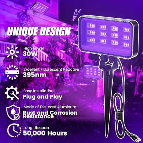 30W Halloween Black Light Spotlight Outdoor High Power LED Outdoor Black Light Spot Lights IP66 Waterproof Blacklight Spotlight 395nm Blacklight Spot Lights with Plug for Glow Party (2 Pack)