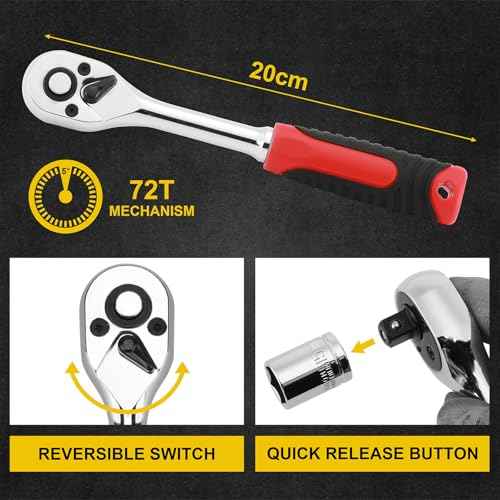 Mayouko 21PCS 3/8" Drive Ratchet Socket Wrench Set, Drive Socket Set with Shallow Sockets, 6-24mm, Extension Bar 6", Standard, 72 Tooth Quick Release Reversible 3/8" Drive Ratchet Handle, CR-V Steel