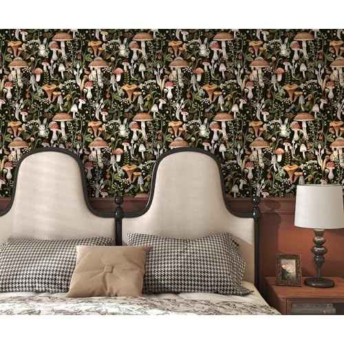 Mushroom Wallpaper Peel and Stick Wallpaper Black 17.7" x 78.8" Self Adhesive Removable Wall Paper Leaf Forest Mushroom Contact Paper for Countertops Decor