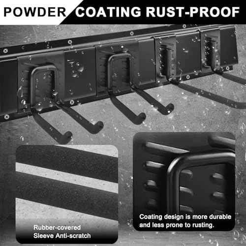 Garage Tool Organizer Wall Mount 48 inches Sturdy Storage Rack with Adjustable Hooks, Anti-Rust - Easy Installation, 12 Packs Capacity Garden Tool Organizer