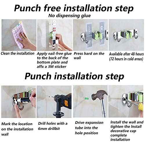 DGSL 4 PCS Broom Holder Wall Mount with 3 Racks 4 Hooks, Stainless Steel Wall Mounted Organizer Mop and Broom Storage Tool Rack for Home Kitchen Garden