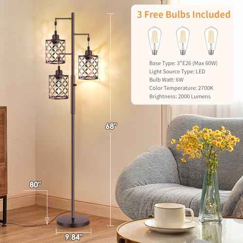 68" Dimmable Floor Lamp, Farmhouse Standing Lamp with Elegant Metal Cage, Industrial Tall Tree Floor Lamps for Living Room, Bedroom, Study Room, Office (2000LM LED Bulbs Included) - Brown