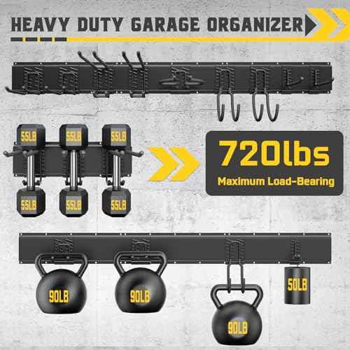 64" Garage Tool Organizer Wall Mount, 720lbs Garden Tool Organizer with 10 Adjustable Hooks, Heavy Duty Garage Tool Storage Rack for Yard, Shed (4 Racks, 10 Hooks, 3 Straps)
