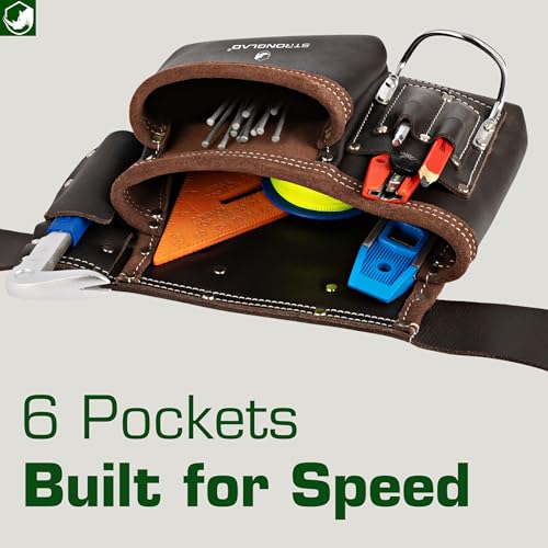 STRONGLAD Carpenter?Drywaller?Electrician Tool Belt ? 6-Pocket Oil-Tanned Leather | Wide Waist Fit 29?46" | Comfortable Utility Pouch