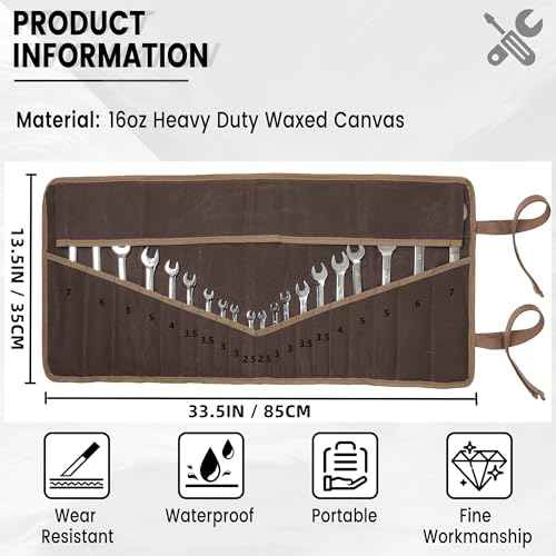 Tool Roll, Wrench Organizer Roll Up Tool Pouch with 24 Pockets | Durable Waxed Canvas 16 OZ Portable Tool Storage Carrier Bag(33.5 X 13.5 IN | Brown)