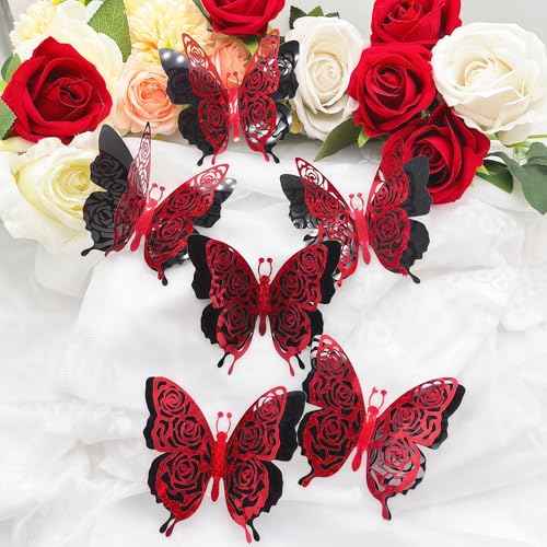 3D Red Butterfly Wall Stickers 6pcs Removable Valentine's Red Rose Butterfly Stickers Wall Decal Butterfly Wall Decals for Home and Room Decoration Wedding Bedroom Decor Living Room Sticker