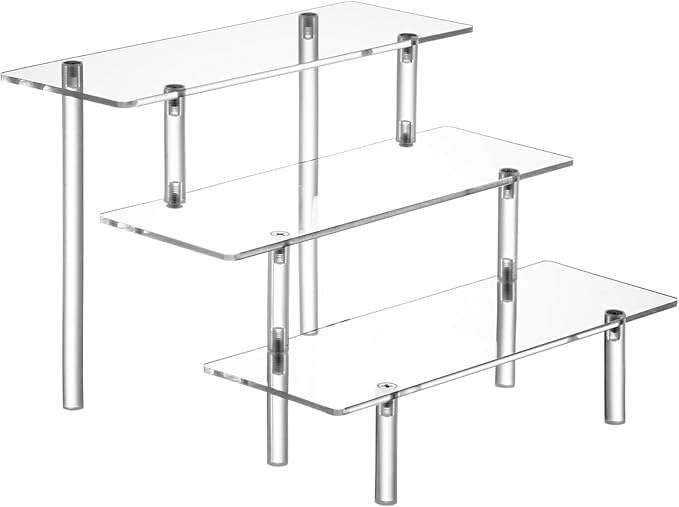 HENABLE Acrylic Display Risers, Acrylic Perfume Stand Organizer, Clear Shelf Risers for Display Stands for Food, Tabletop Use, Amiibo Funko POP Figure, 3 Tier Clear Cupcake Stand Risers