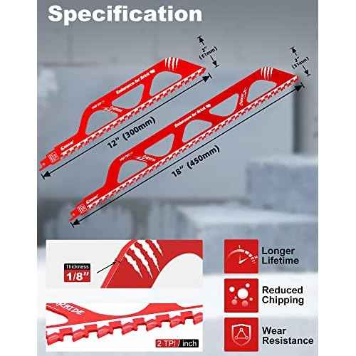 EZARC Demolition Masonry Reciprocating Saw Blades 12 Inch/18 Inch, Carbide Sawzall Blades for Cutting Aerated Concrete and Hollow Brick, 2-Pack