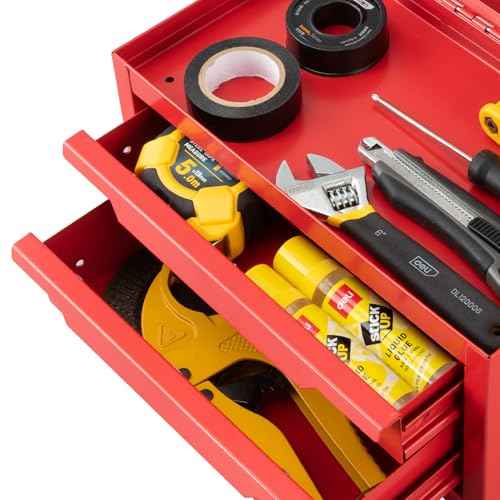 DELI Mini Tool Box with 2 Drawers and Top Storage, Small Metal Tool Box for Garage, Office, Vanity. Perfect for Small Item Storage Organizer, Red