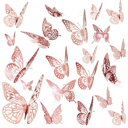 JOSDIOX 3D Butterfly Removable Metallic Wall Sticker 4 Styles 3 Sizes, Mural Decals for Kids Room Bedroom D?cor Nursery Classroom Party Decoration Wedding DIY (Rose Gold 48 Pcs)
