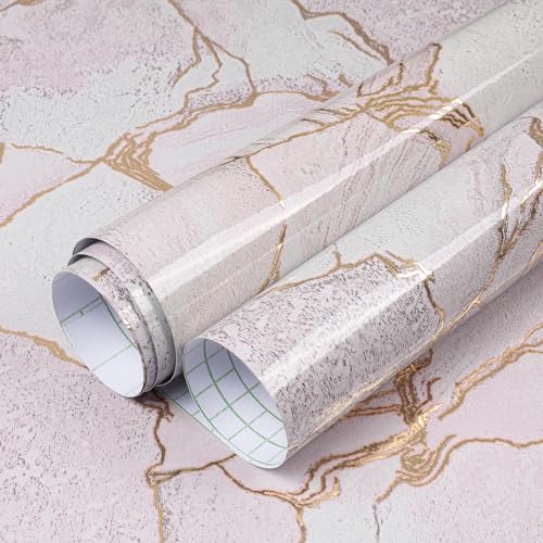 LACHEERY Pink and Gold Marble Contact Paper for Countertops Waterproof Glossy Pink Marble Wallpaper Peel and Stick Countertops Kitchen Vinyl Wrap for Countertop Cabinets Counter Top Covers 15.8"x79"