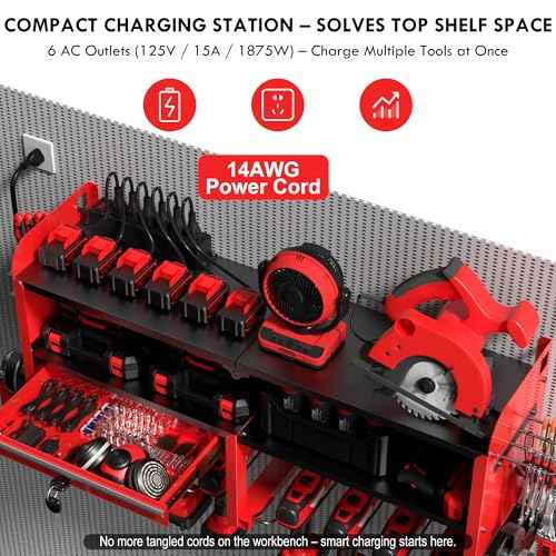 KSVO Power Tool Organizer Wall Mount with Drill Rack, Grinder Holder, Hammer & Pliers Rack, Locking Drawers, 6-Outlet Charging Shelf ? Heavy Duty Metal Tool Storage for Garage, Workshop (Red)