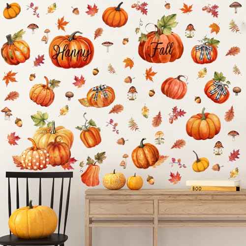 Eersida 6 Sheets 89 Pcs Thanksgiving Wall Decals Fall Oil Painting Pumpkin Wall Decals Maple Leaves Stickers for Thanksgiving Glass Autumn Home Decor and Fall Decoration Kitchen Living Room