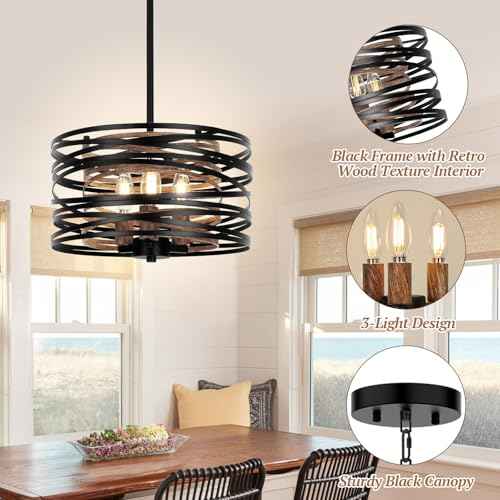 12.6'' Farmhouse Chandelier for Dining Room, Kitchen Lighting Fixtures Ceiling, 3-Light Black Pendant Light Fixture, Modern Industrial Drum Hanging Light for Over Table Foyer Entryway Hallway