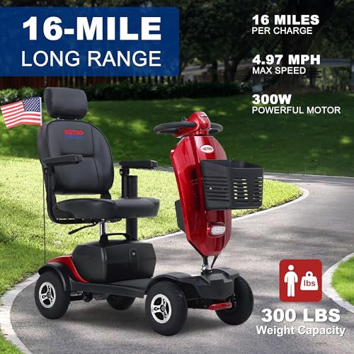 Metro Mobility Powered Mobility Scooters, 4 Wheel Mobility Scooters for Adults, 300 lbs Capacity Folding Mobility Scooter Lightweight, 16 Miles Long Travel Range Scooter with USB Charger Port Red