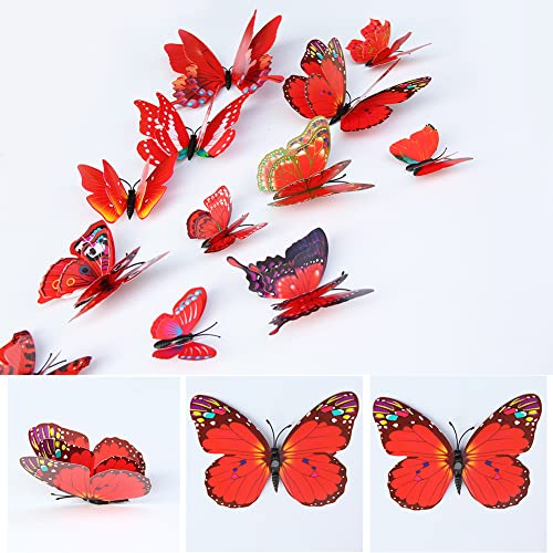CL-Link 24PCS 3D Butterfly Wall Decals Red Double Layer Butterflies Wall Stickers Removable Butterfly Decor for Home Bedroom Kids Room Decor