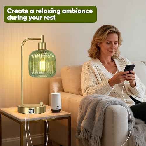 QiMH Industrial Table Lamp for Bedroom Set of 2, Green Glass Beside Lamp with USB A&C Ports, Stepless Dimmable Gold Lamps, Nightstand Lamps for Living Room, Office, Home Decor(Bulb Included)