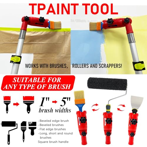 Multi-Angle Paint Brush Extender, Extension Pole Attachment Holder for Paint Brush,Roller, Scraper, Secure Handle Grip, Rotating Head, Easily Reach Ceilings, Walls, Corner Edges (Red)