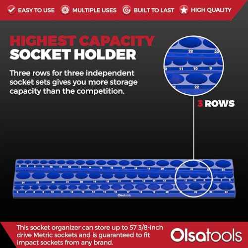 Olsa Tools Magnetic Socket Organizer (3/8-Inch Drive, 3 Row) - Magnetic Tool Organizer & Socket Holder - Tool Box Socket Organizers - Metric Blue - Holds 54 Sockets - Professional Grade - Part: 1556