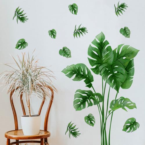 Runtoo Palm Leaf Wall Decal Green Tropical Monstera Plant Leaves Wall Stickers Living Room Bedroom Office Home Decor