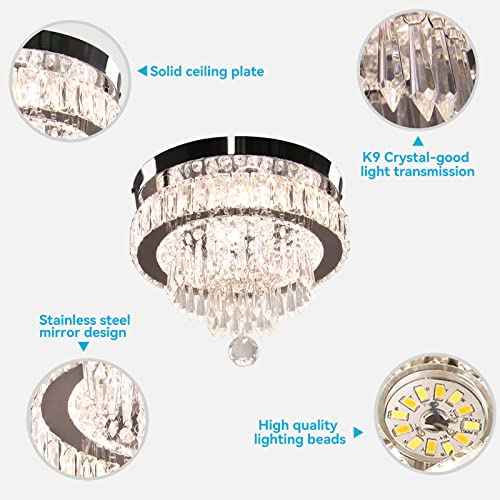 Finktonglan 11.8" Dimmable LED Modern Crystal Ceiling Light, Flush Mount Chandelier with 3 Light Colors, Remote Control for Bedrooms, Living Room, Hallway