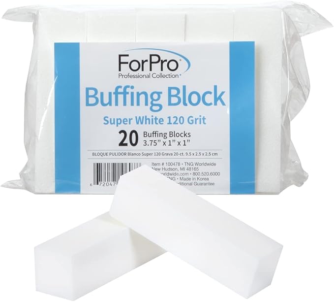 ForPro Professional Collection Super White Buffing Block, 120 Grit, Four-Sided Manicure and Pedicure Nail Buffer, 3.75” L x 1” W x 1” H, 20-Count