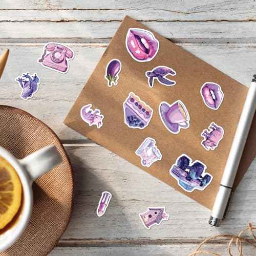 Cute Aesthetic Purple Stickers Pack for Laptop Water Bottle Scrapbooking Journaling Phone Vinyl Decals Teen Girls Young Adults Students Waterproof 50Pcs Fun Decorative Art Wall
