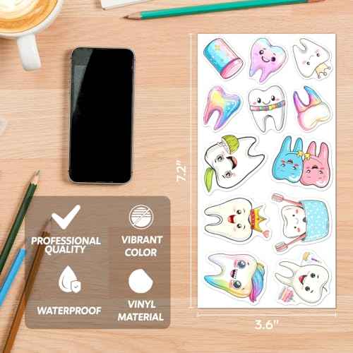 Cute Cartoon Teeth Stickers 108Pcs Dentist Vinyl Tooth Theme for Kids Dental Clinic Classroom Reward Water Bottles Scrapbooking Laptop Decoration Pack Hat