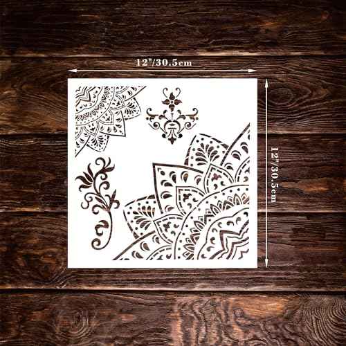 9 Pack 12x12 Inch Large Stencil Reusable Mandala Stencil Laser Cut Painting Template for Floor Wall Tile Fabric Furniture, DIY Art and Craft Stencils