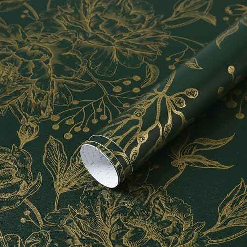 Safiyya Peel and Stick Wallpaper Boho Floral Contact Paper 78.7" x 17.3" Gold and Dark Green Wall Paper Modern Self Adhesive Removable Wallpaper for Bedroom Bathroom Vinyl Rolls