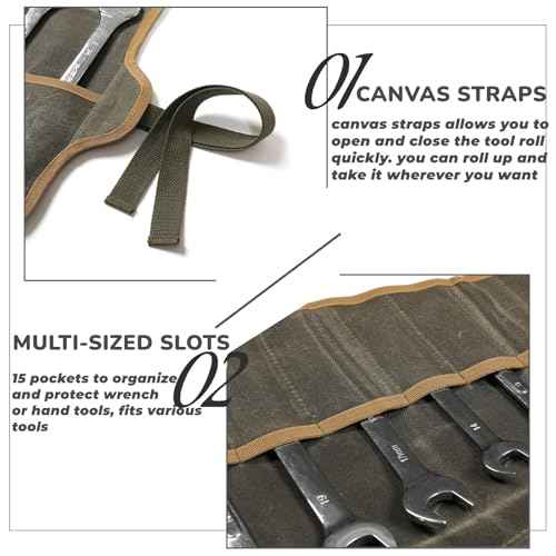 Tool Roll, Heavy Duty 16oz Waxed Canvas Wrench Roll Up Pouch, Multi-Purpose Tool Organize Bag with Straps (26.5" X 12.5", ArmyGreen)