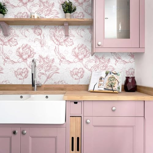 Timeet 17.7In ¡¿197In Pink Peel and Stick Wallpaper, Floral Peel and Stick Wallpaper Boho Contact Paper Removable Self Adhesive Bedroom Cabinet Mural Wall Decor Vinyl Roll