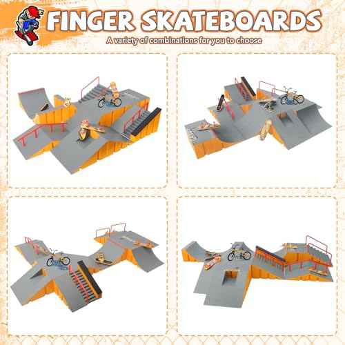 CS COSDDI Finger Skateboard Park Kits,Skateboard Finger Toys with 8 Finger Skateboards & 14 Skatepark Deck Ramp,1 Finger Bike for Unisex Gift,Mini Finger Skateboards Ramp Accessories Set £¨Yellow£©
