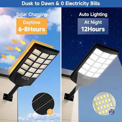 Solar Lights Outdoor Waterproof, 6500K Dusk to Dawn Solar Street Light Motion Sensor with Remote Control, LED Security Light for Outside Garden Yard Parking Lot, Oudoor Flood Lights, 2PACK