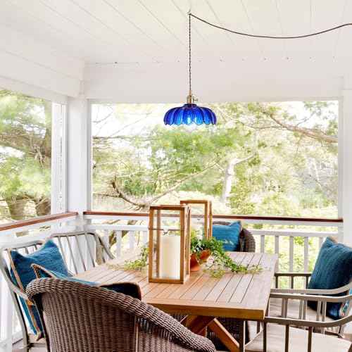 Plug in Pendant Light: Hanging Light Plug in Fixture Bule Glass Hanging Lamp, Pendant Lighting for Kitchen Island, Bedroom, Dining Room, Living Room, E26 No Bulb
